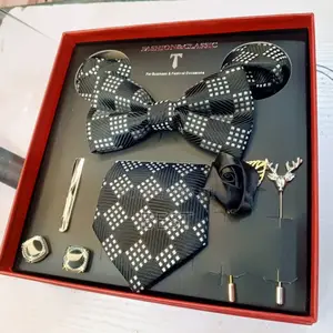Men’S Luxury Full Set of Bow Tie,Long Tie,Brooch,Rose,2 Pocket Hanky