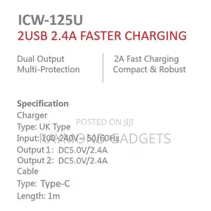Itel 12w Dual Usb Wall Charger + 2.4a Type-c Cable