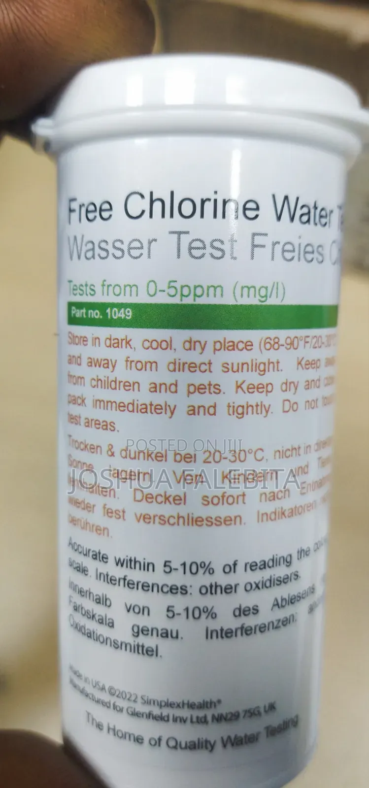 Free Chlorine Water Test Strips