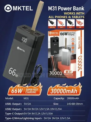 30,000 Mah Power Bank 66w Fast Charging With 5 Different Types of Cord