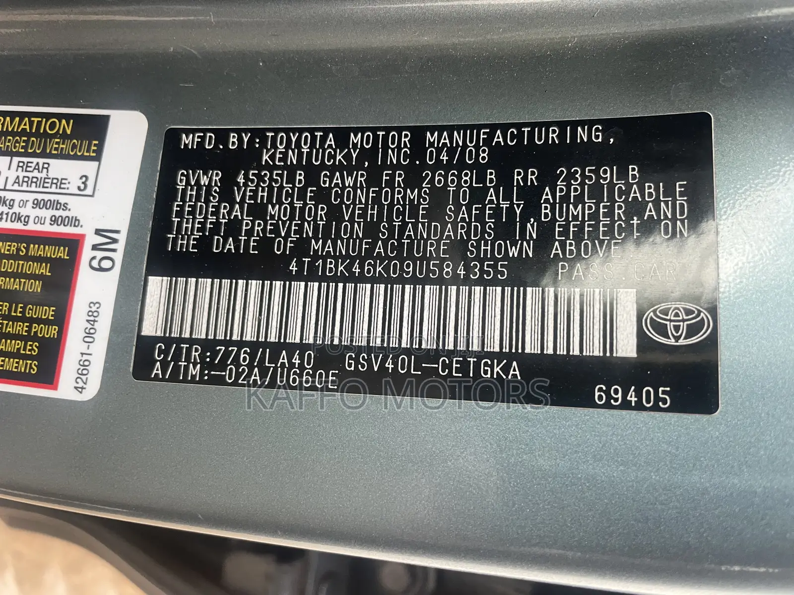 Toyota Camry XLE V6 4dr Sedan (3.5L 6cyl 6AM) 2009 Green