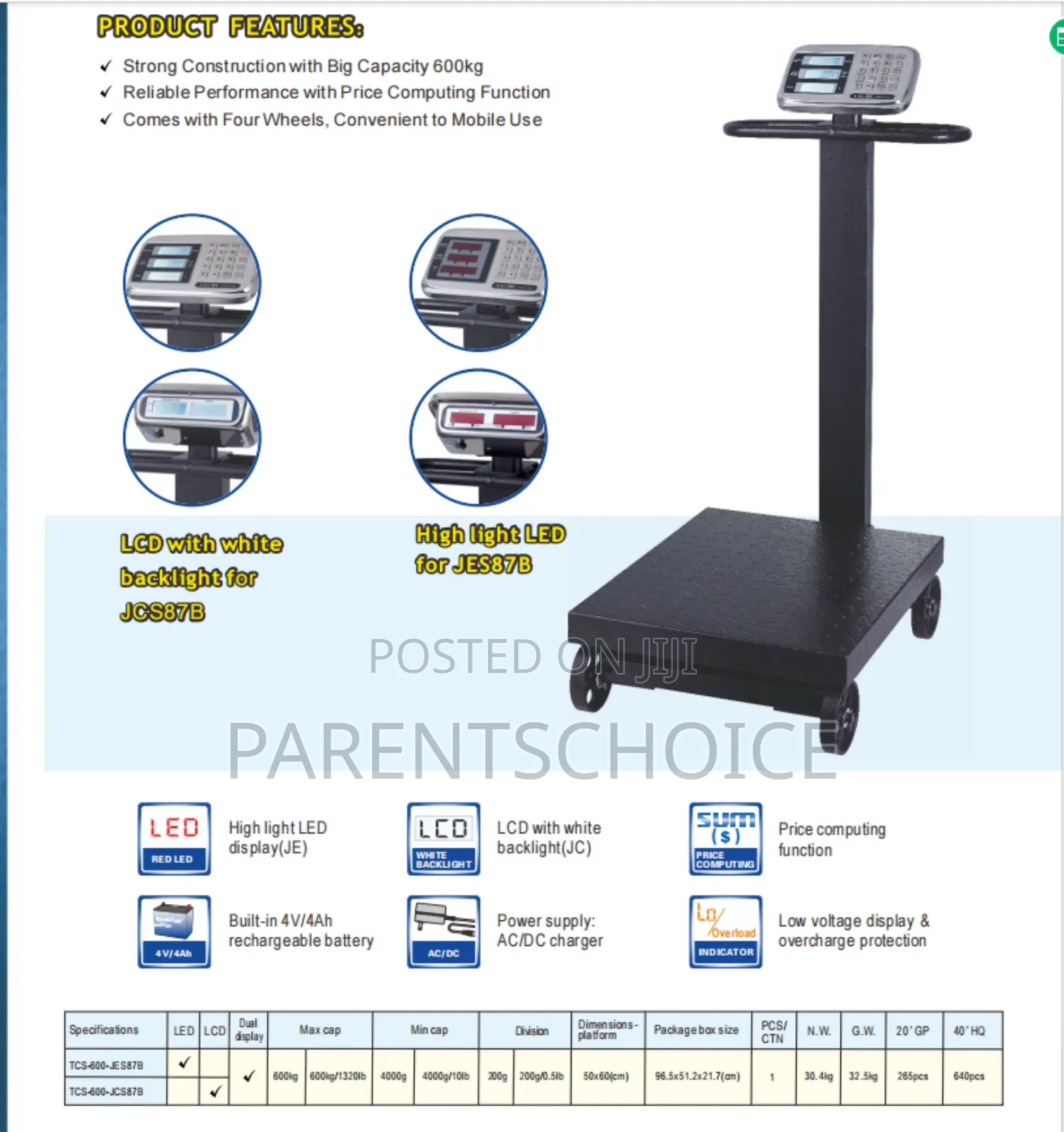 Commercial Industrial Display Balance Computing Weighing Scale 600kg