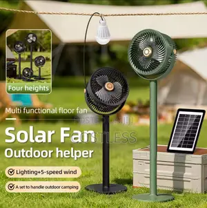 Solar-Powered Standing Fan Designed for Indoor and Outdoor.
