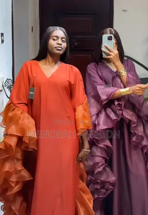 Luxury Orange, Magenta Silky Bubu Dress With Organza Ruffles