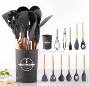 12pcs Non-Stick Silicone Cooking Utensil Set Featuring Wooden Handles