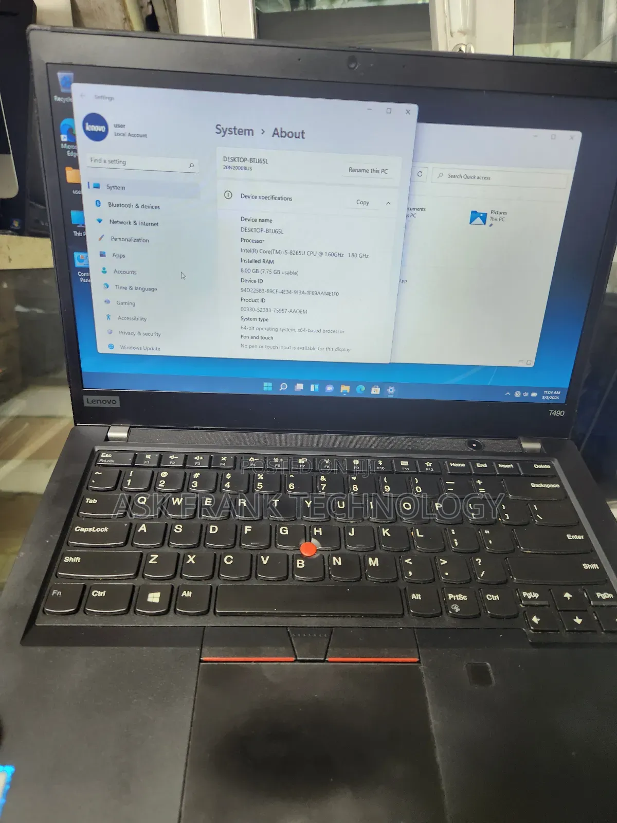 Laptop Lenovo ThinkPad T490s 8GB Intel Core i5 SSD 256GB