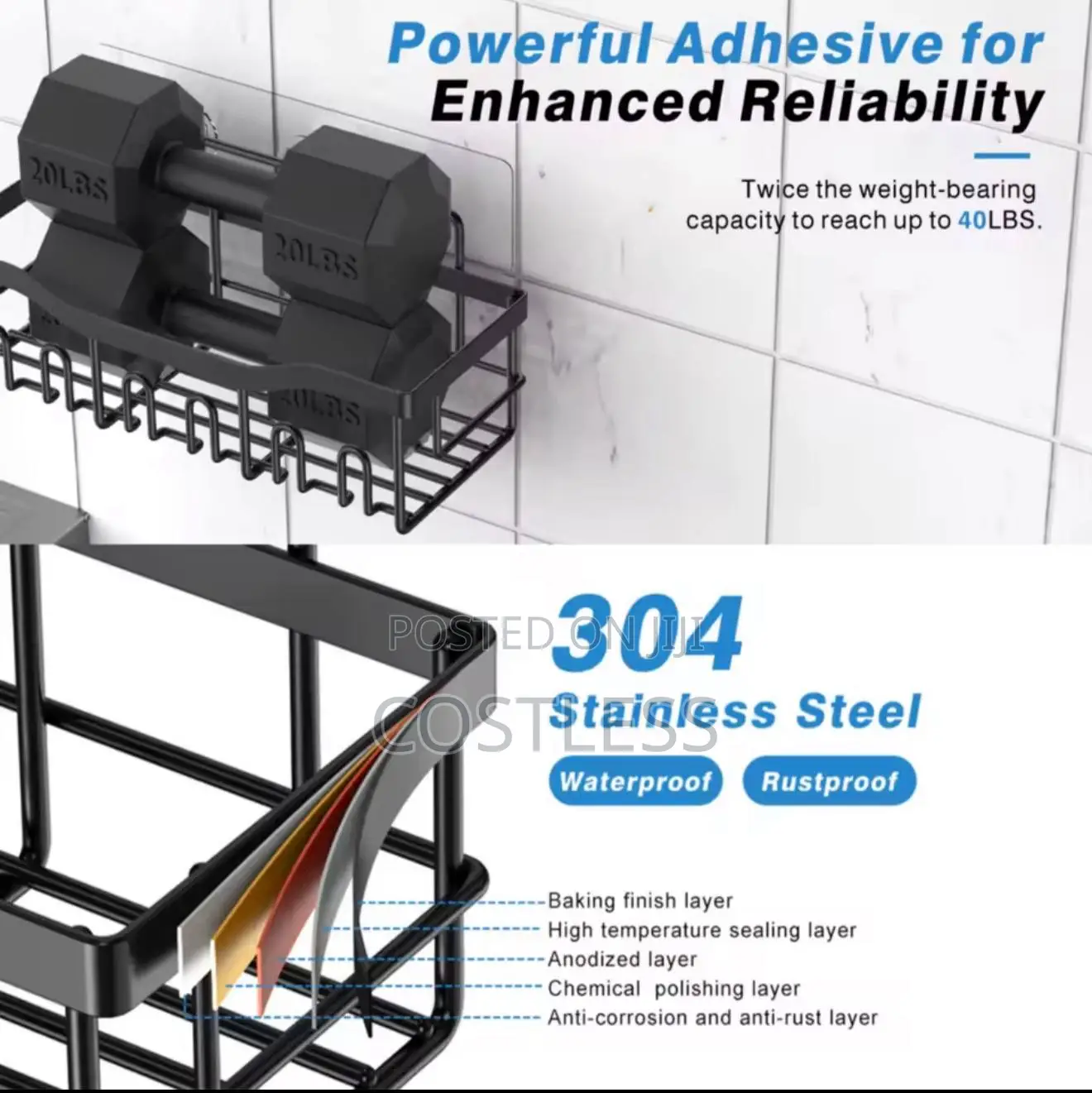 Wall-mounted Adhesive Shower Stainless Steel.