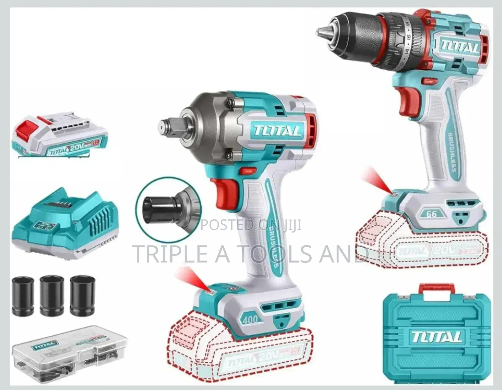 Total Cordless 2 PCS Brushless Combo Kit, Impact Drill Impact Wrench