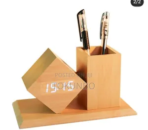 Wooden Table Clock With Pen Holder