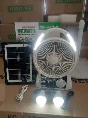 Solar Rechargeable Table Fan With Panel, Radio 2 Bulbs(Lm-288)