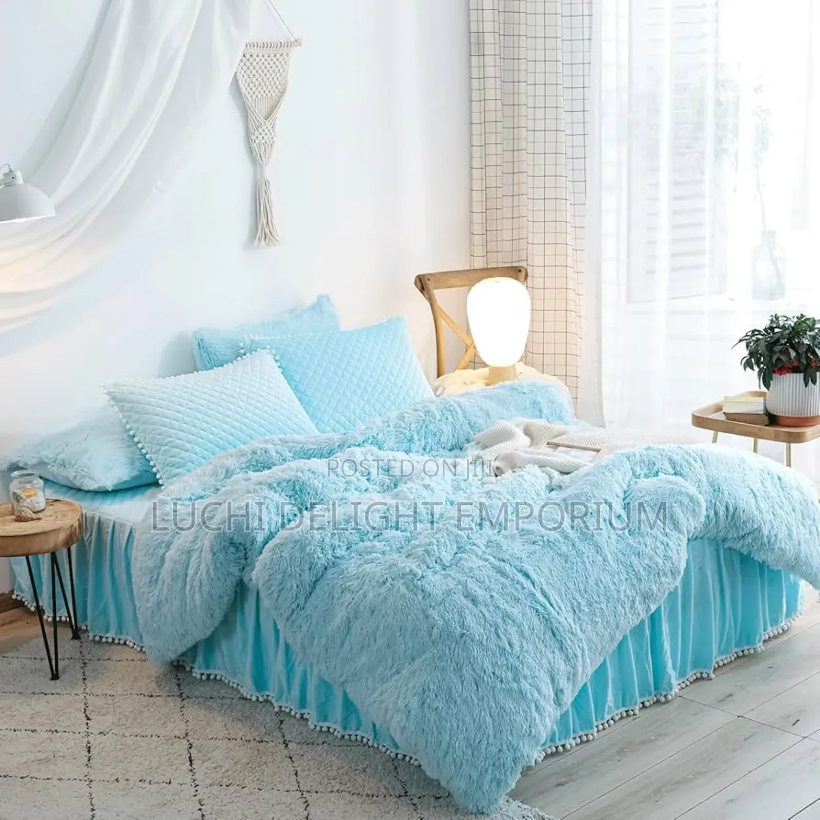 Blue Fluffy Comforter Duvet Set - Faux Fur Light Blue