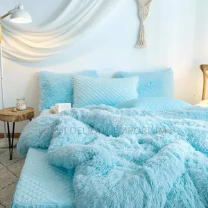 Blue Fluffy Comforter Duvet Set - Faux Fur Light Blue