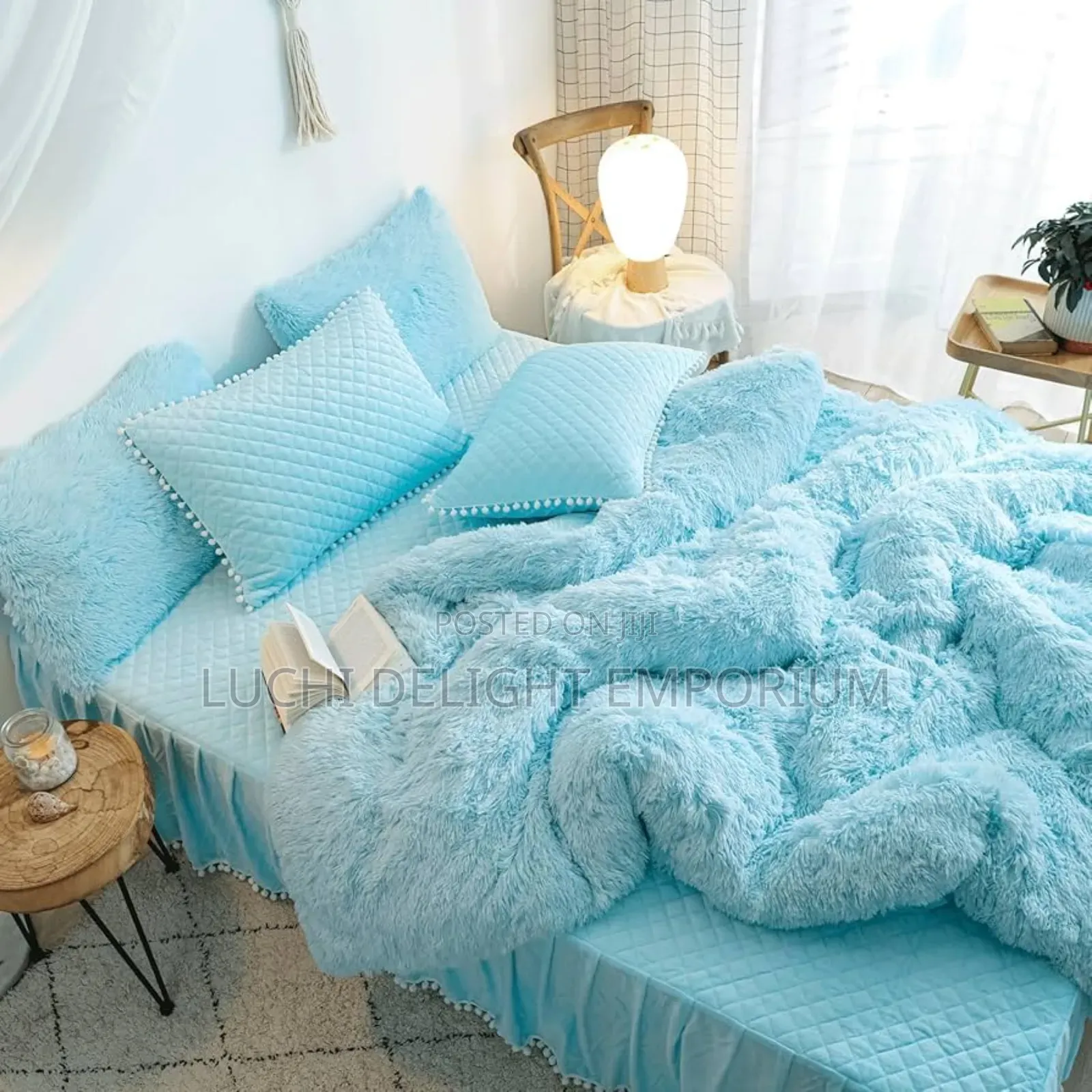 Blue Fluffy Comforter Duvet Set - Faux Fur Light Blue