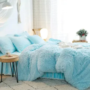 Blue Fluffy Comforter Duvet Set - Faux Fur Light Blue