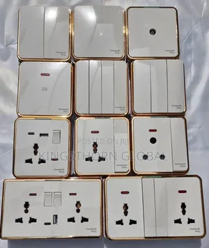 Glossy White Electrical Sockets and Switches With Gold Accents
