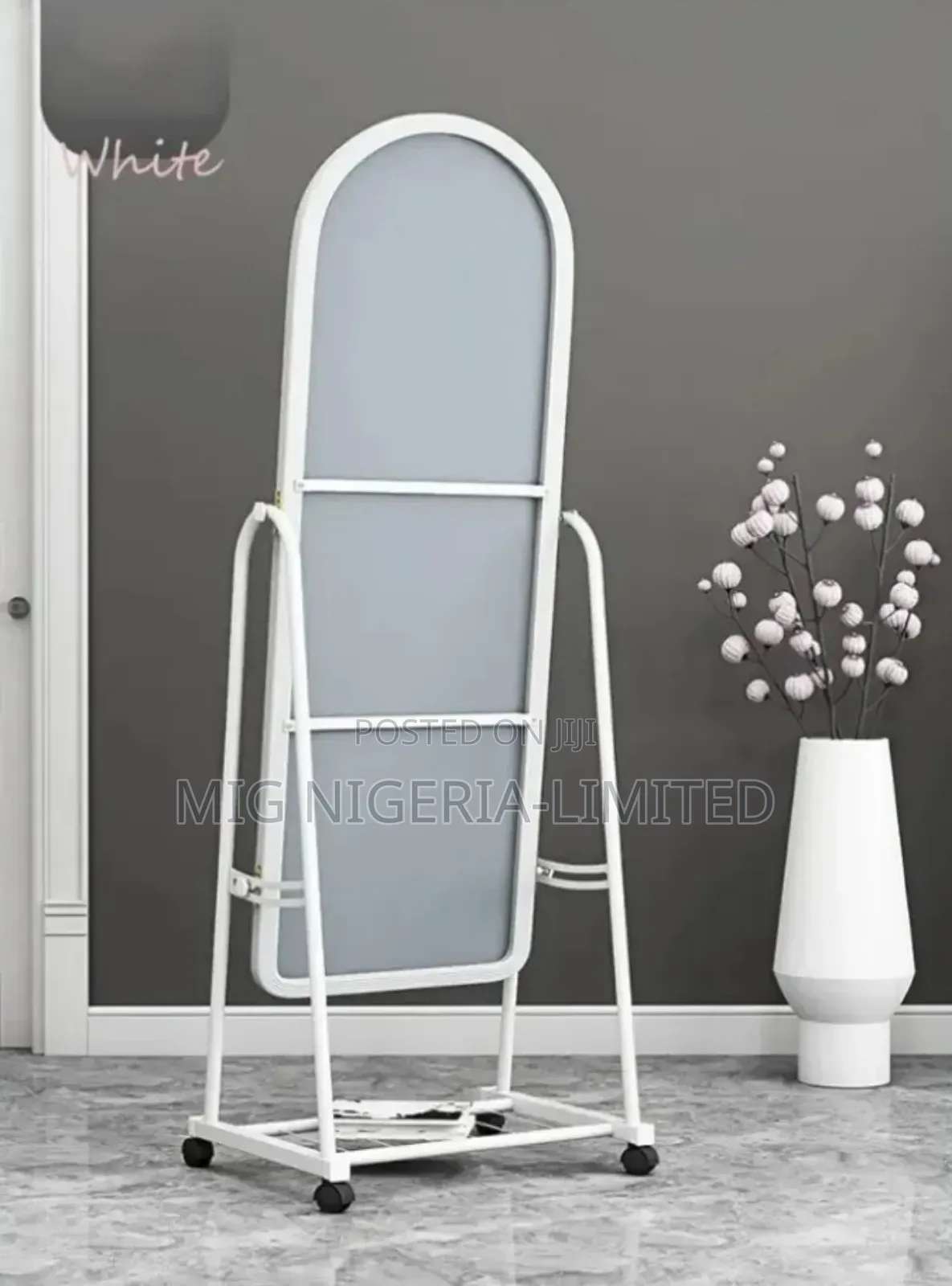 Standing Moveable Dressing Mirror With Shelves White