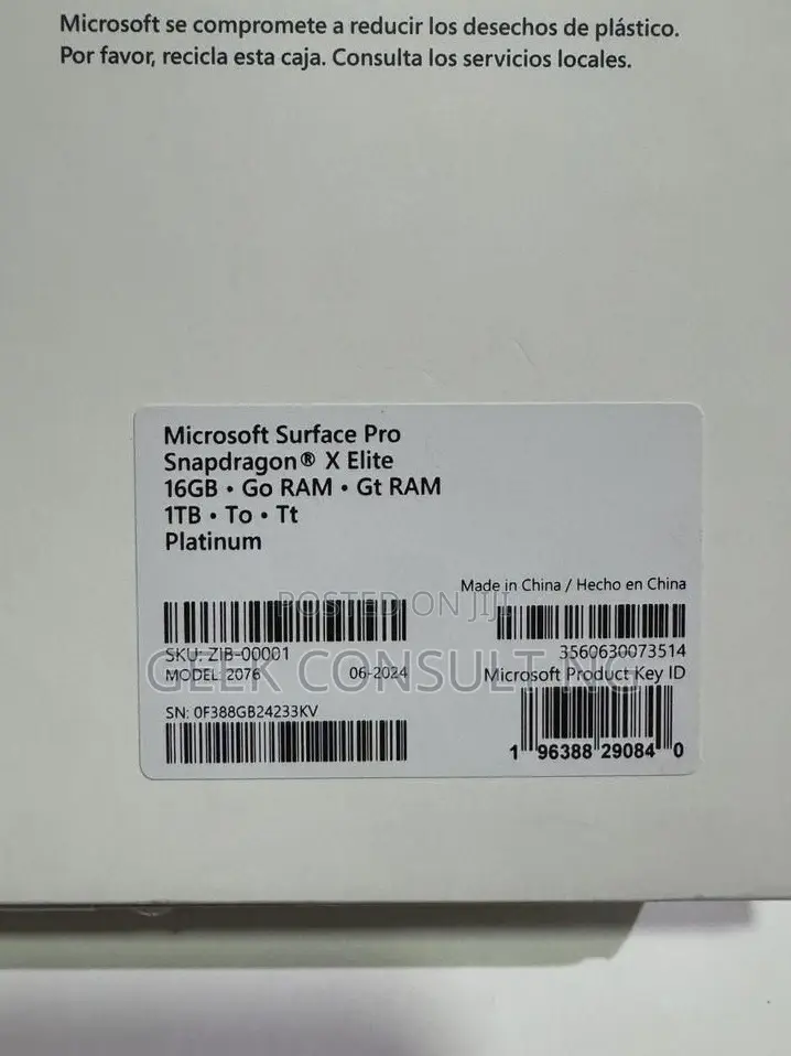 New Microsoft Surface Pro 11th Edition, a Copilot+ PC 16GB SSD 1T