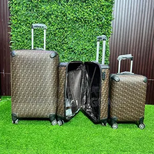 Brown Designer Print Hard Shell Cabin Suitcase With Spinner Wheels