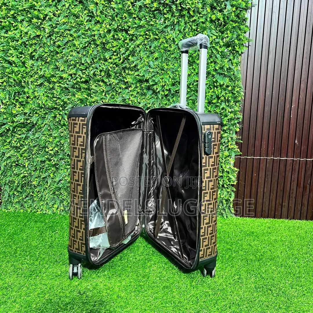 Brown Designer Print Hard Shell Cabin Suitcase With Spinner Wheels