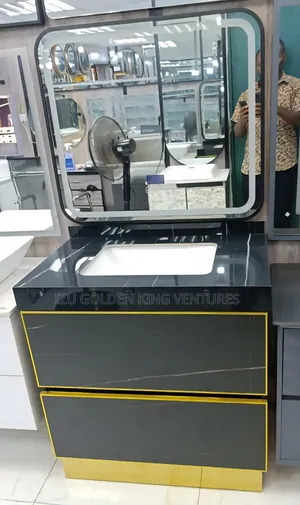 Marble Top Cabinet With Black and Gold Design