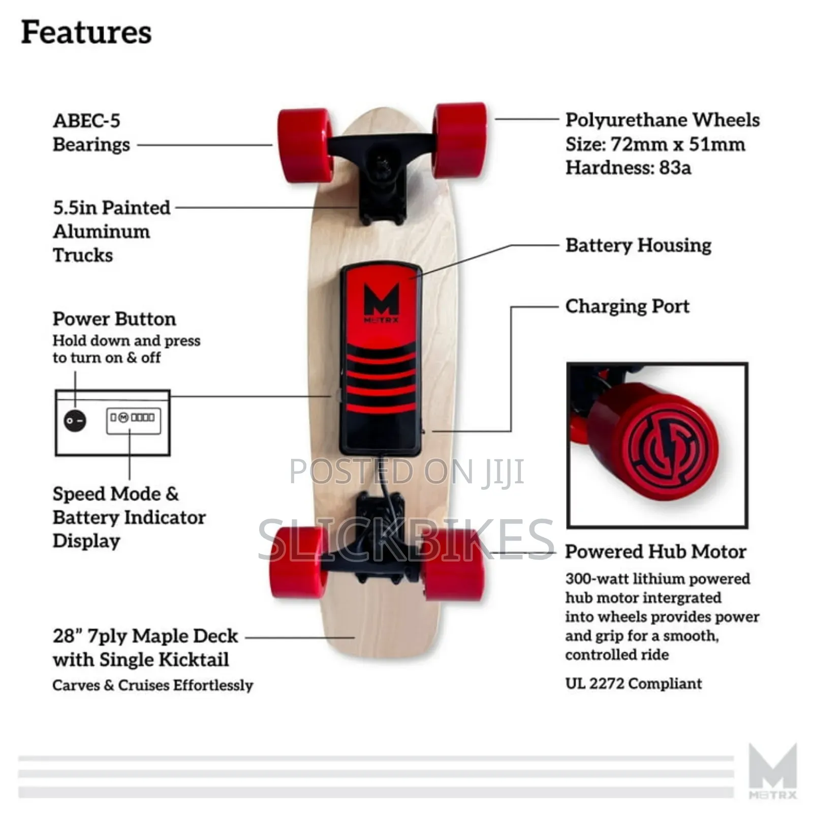 Electric Skateboard, Gravity Sensor Riding, 300 Watt, 28" Deck, 10 MPH