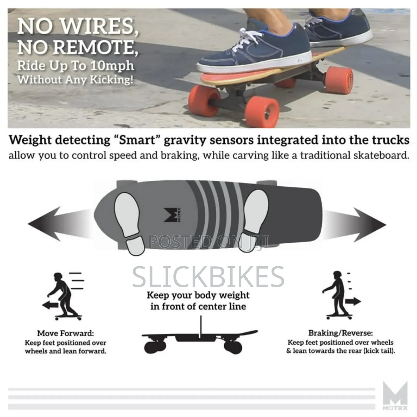 Electric Skateboard, Gravity Sensor Riding, 300 Watt, 28" Deck, 10 MPH