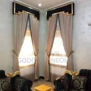 Art Deco Geometric Pelmet Curtains in Beige and Gold.