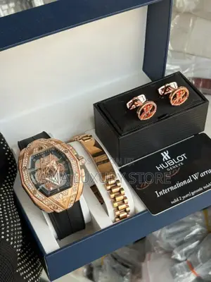 Hublot Luxury Rubber Strap Men's Wristwatch+Bracelet+Cufflinks Set