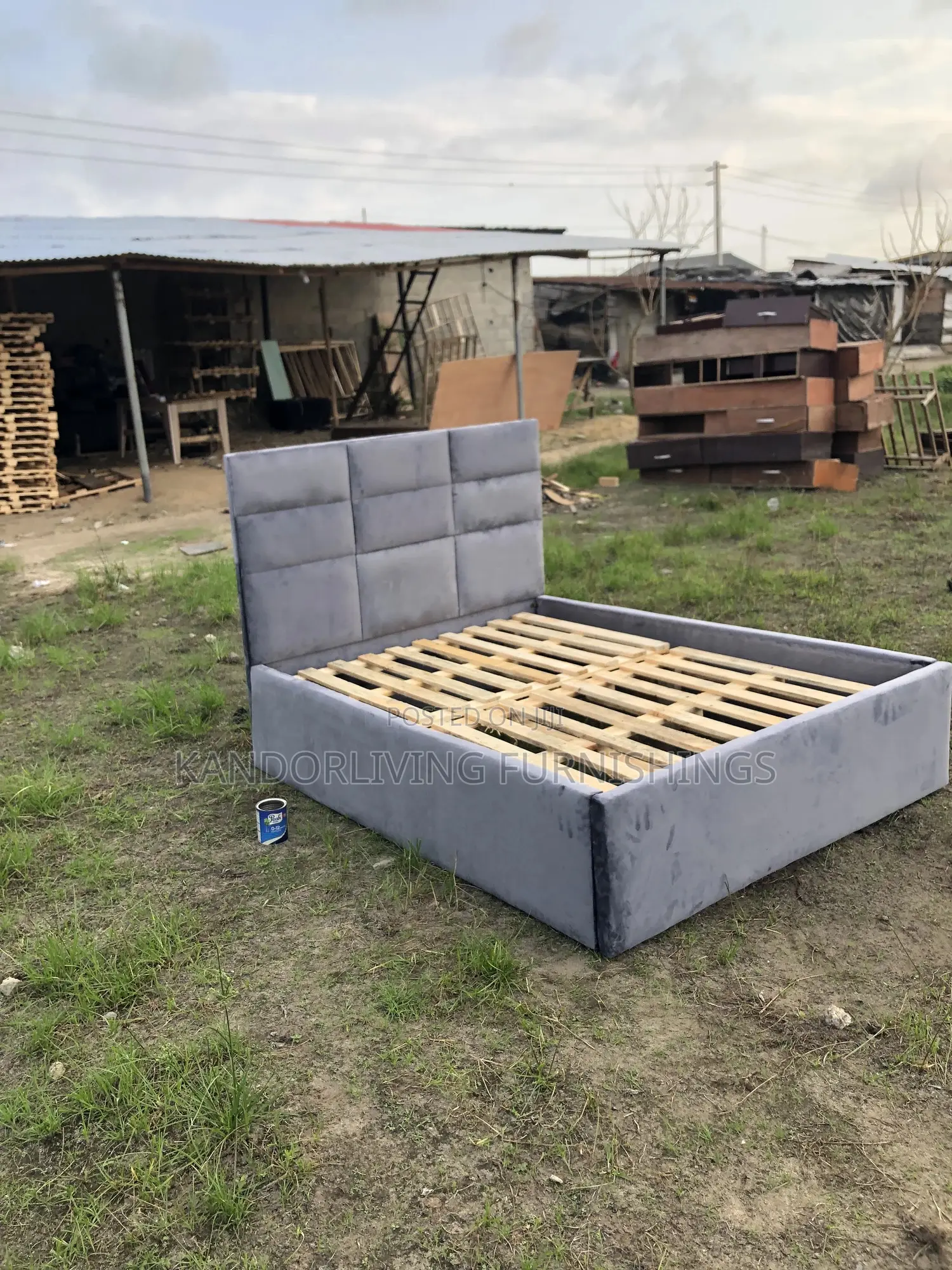 4.5 by 6 Suede Squared Design Padded Bed Frame