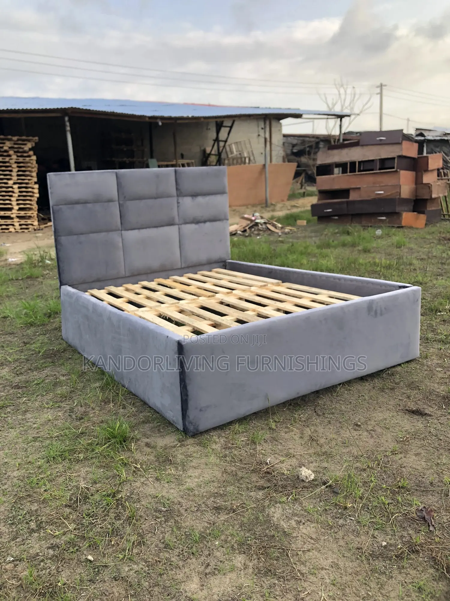4.5 by 6 Suede Squared Design Padded Bed Frame