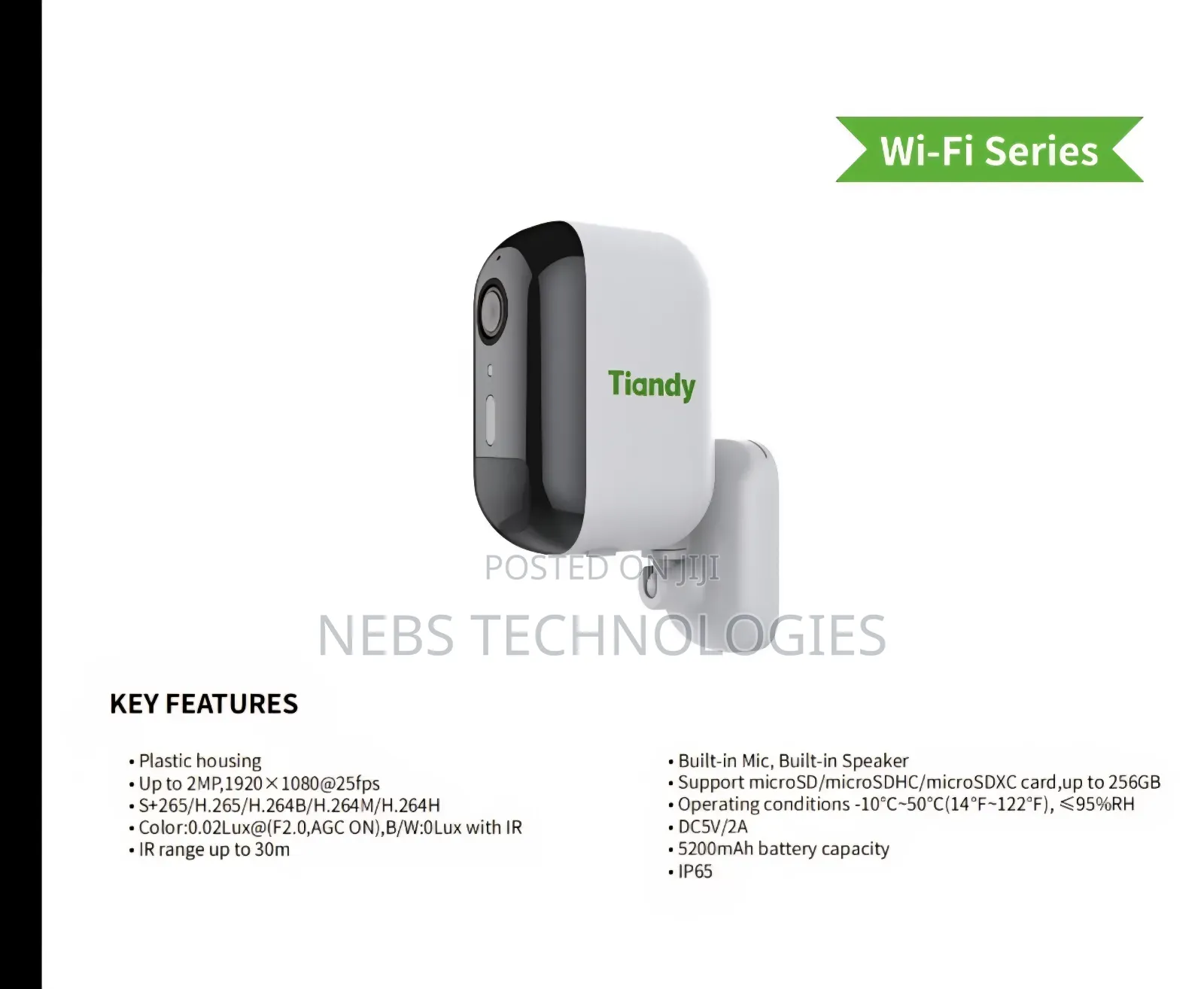 Tiandy Tc-C32cn Battery 2mp Fixed Wi-Fi Camera