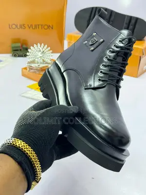 Black Leather Louis Vuitton Lace-Up Combat-Style Ankle Boots