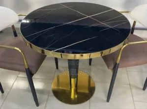 Shiny Black Table With Golden Stand and 2 Chairs for Sale