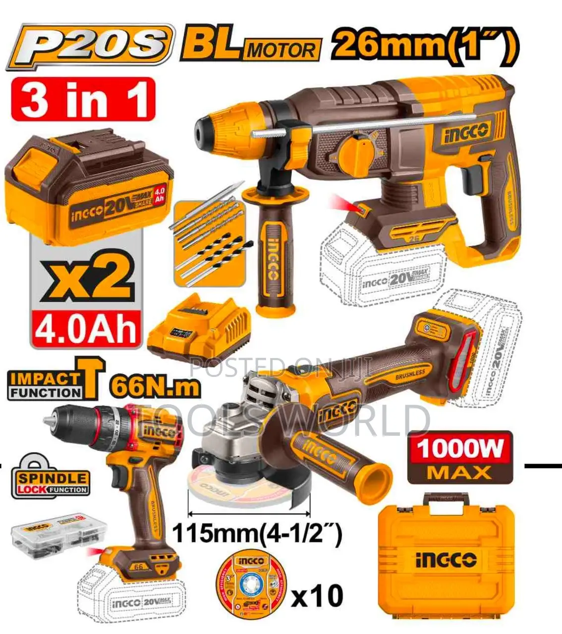 Ingco 3pcs Combo Kit Drill,Grinder and Rotary Hammer