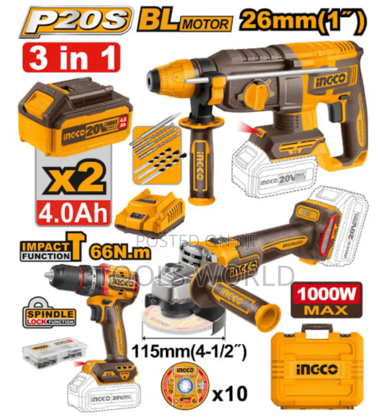 Ingco 3pcs Combo Kit Drill,Grinder and Rotary Hammer