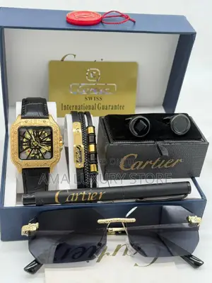 Cartier/Glasses/Bracelet/Cufflinks&Pen Leather Quality Wristwatch Set