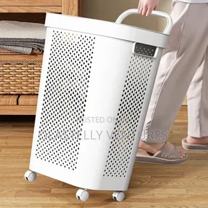 Large Capacity Elegant Plastic Laundry Basket With Wheels and Lid H.