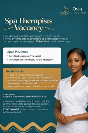 We Are Hiring (Spa Therapist And Receptionist)