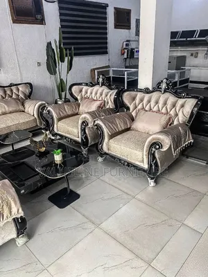 7 Seater Cream Royal Chair With Center Table and Two Side Stools