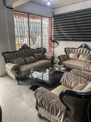 7 Seater Cream Royal Chair With Center Table and Two Side Stools