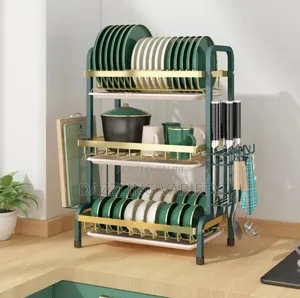 3 Tier, Green And Gold Plate Rack