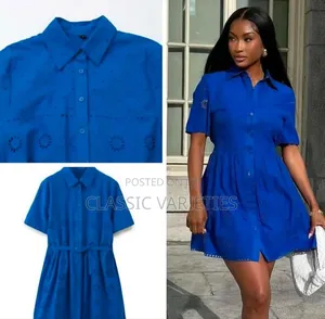 Blue Embroidery Shirt Belted Dress