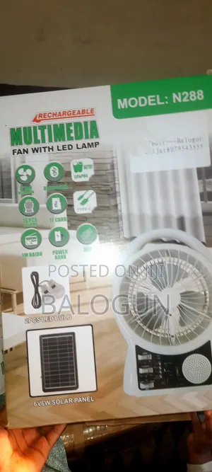 8” Solar Rechargeable Fan With Bluetooth, Radio Led Bulbs