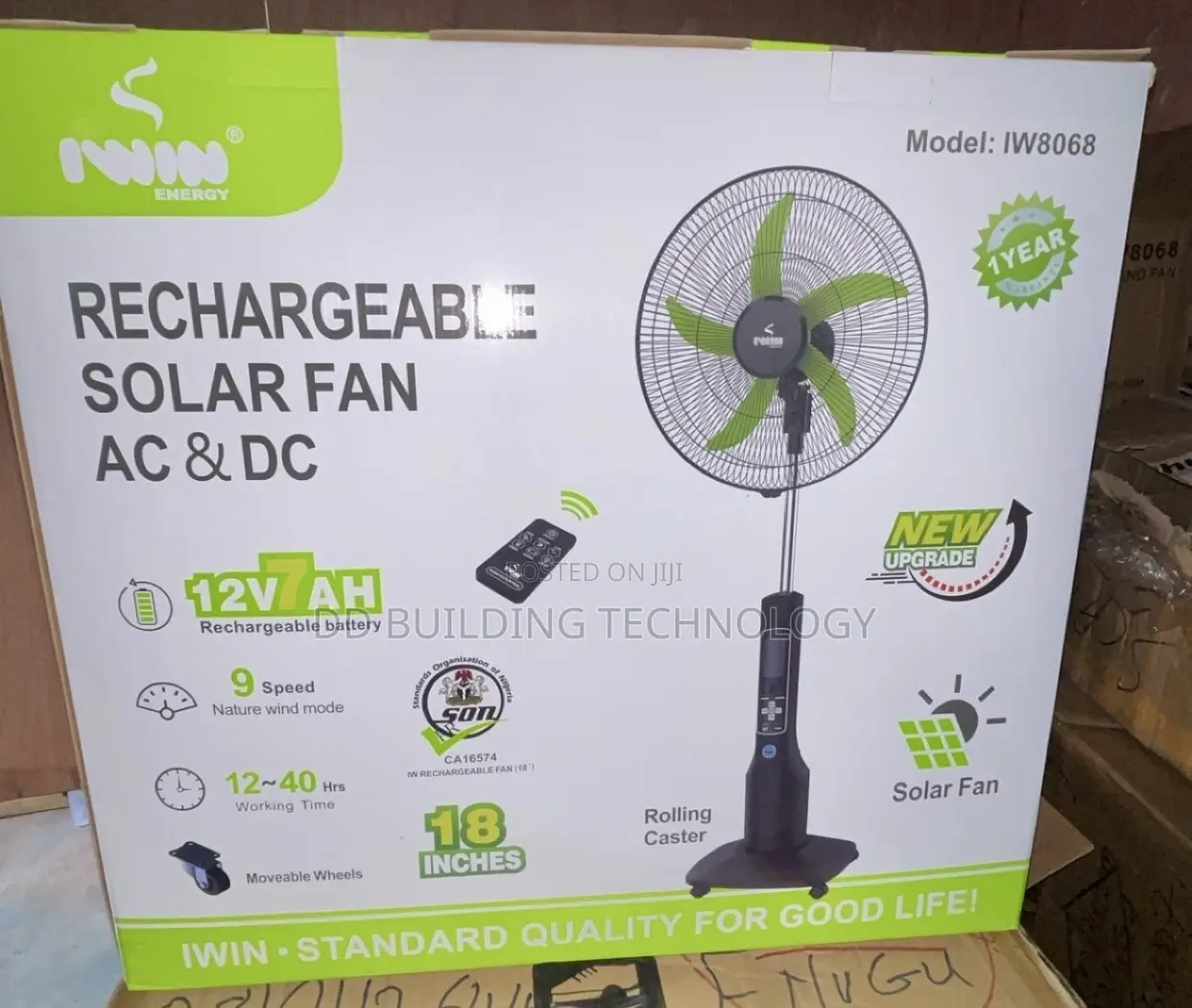 Iwin 18" Rechargeable Fan With Solar Panel
