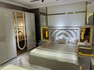 Luxury Modern Upholstered Bed With Led Headboard Mirror Wardrobe Set