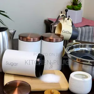 Coffee, Tea, Sugar Canister With Rose Gold Lid.