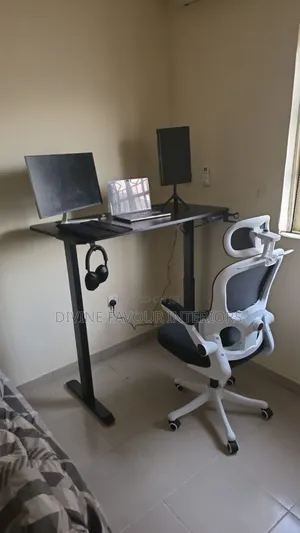 Electric Adjustable Desk With Egornomic Office Chair Lumbar Support