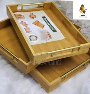 3pcs Bamboo Wooden Serving Tray With Gold Handle Set