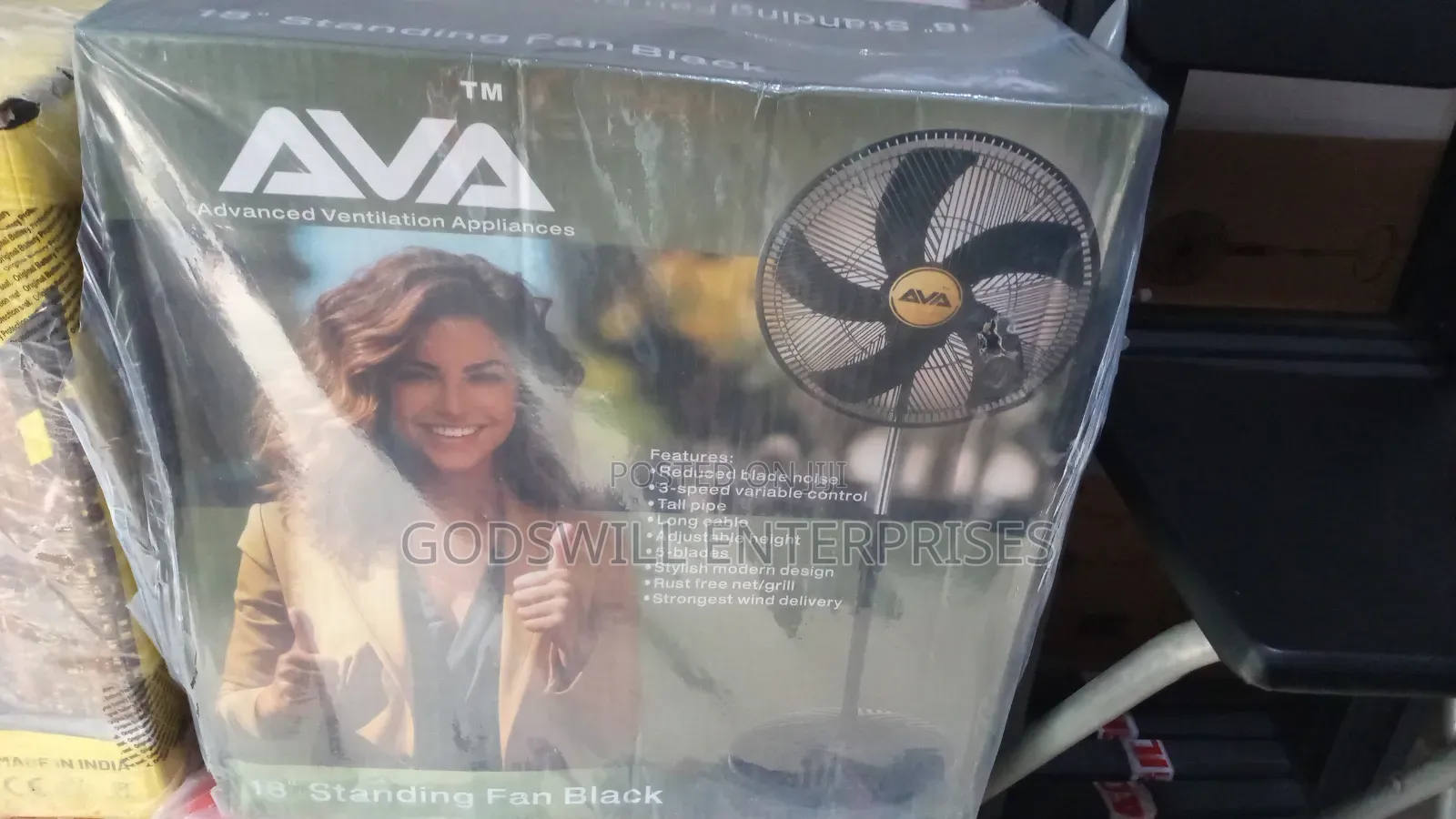 An Ava Advanced Ventilation 18-inch 5-blade Adjustable Standing Fan.