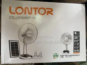 Lontor 12” Rechargeable Solar Fan With Panel 2 Bulbs – Long Battery